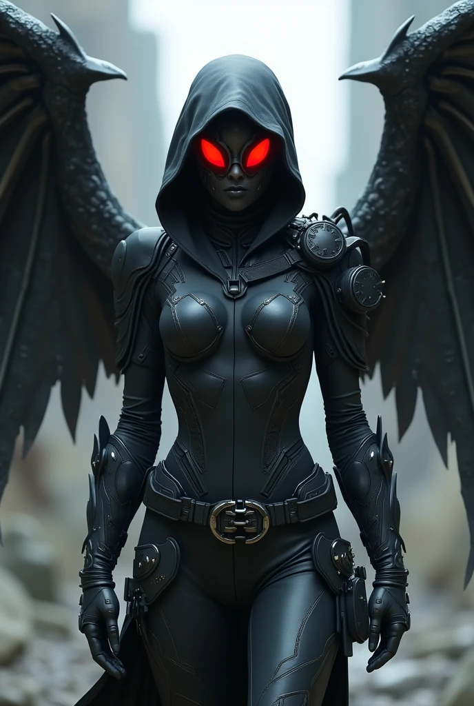 girl, a black and gunmetal grey combat suit with a cowl that covered her head and face, wearing half-moon goggles with illuminated red lenses. she has wings that were 30 feet wide, like a wyvern's wings