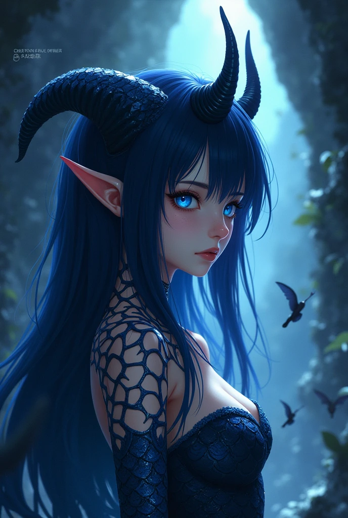 anime girl, dark blue horns, dark blue scales on the body
