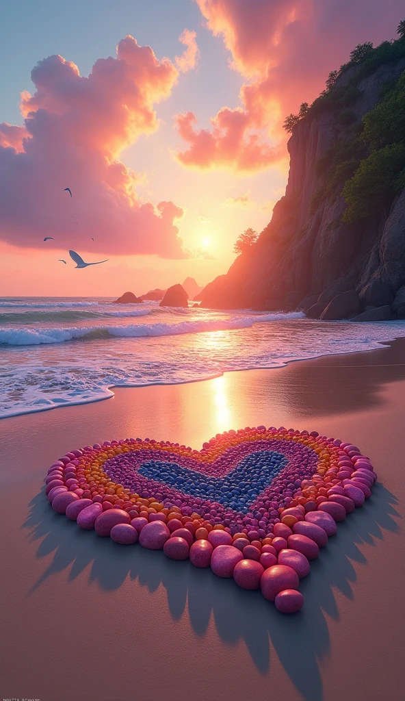 Create a high-resolution, surreal beach scene at sunset with rich, vibrant colors. The sky is filled with a blend of deep oranges, pinks, and purples, reflecting the soft, fading light of the setting sun. Fluffy clouds, tinged with these hues, float across the sky, adding to the tranquil atmosphere.

On the smooth, wet sand, which mirrors the colors of the sky, a large heart-shaped design is crafted from a variety of colorful pebbles and stones. Inside this heart, smaller, smooth stones in bright shades of pink, blue, yellow, and orange are arranged beautifully, creating a harmonious, colorful mosaic. The beach is sprinkled with tiny heart-shaped stones, some of which are floating gently in the air, adding a whimsical, dreamlike touch.

Gentle waves roll onto the shore, leaving behind intricate patterns of foam that also take the shape of hearts. In the distance, a rugged cliff covered with lush greenery stands tall, adding depth to the scene. The sun is setting just above the horizon, casting a warm, golden glow over the landscape, making the entire scene feel magical and romantic.

The overall mood of the image should evoke feelings of love, serenity, and wonder, with every detail crisp and visually captivating.