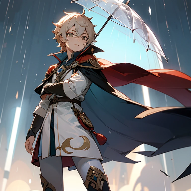 Il capitano from genshin impact, standing in the rain, turned sideways, head tilted slightly upwards, body clearly visible, without cape undefined,