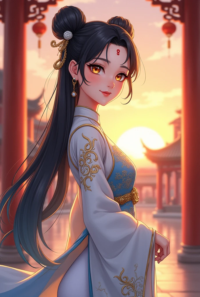 A highly detailed anime-style illustration of a young woman with a serene and gentle expression, standing in front of a traditional Chinese architectural background during sunset. Her face is delicately drawn, featuring large, almond-shaped eyes with a slight upward tilt, giving her a naturally elegant and slightly mysterious look. Her eyes are a captivating shade of deep amber, with subtle golden flecks that catch the light, creating a mesmerizing effect. The irises have a gradient, transitioning from dark amber on the outer edge to a bright golden hue near the center, giving her gaze depth and intensity.
Her eyelashes are long, thick, and slightly curled, framing her eyes beautifully and adding a soft, feminine touch. The lashes fan out gracefully, with the upper lashes being more pronounced, enhancing her expressive and enchanting gaze. Her eyebrows are delicately arched, perfectly complementing the shape of her eyes.
She wears a serene and gentle expression, with her lips slightly upturned in a soft, almost imperceptible smile. This subtle smile, combined with her calm and composed gaze, gives her an air of quiet confidence and wisdom. Her smooth, porcelain-like skin has a faint blush on her cheeks, further enhancing her youthful and innocent appearance. A small, elegant red dot adorns the center of her forehead, adding to her mystical and traditional aura.
Her long, flowing black hair with subtle blue highlights is styled in twin buns, with some strands cascading down her back and shoulders. She has a petite yet well-defined figure, with a modest chest size that complements her overall delicate and graceful appearance. She wears a modernized white and light blue qipao-inspired dress with intricate golden patterns and accents. The dress has a short skirt with asymmetrical design elements, and her outfit includes white leggings.
