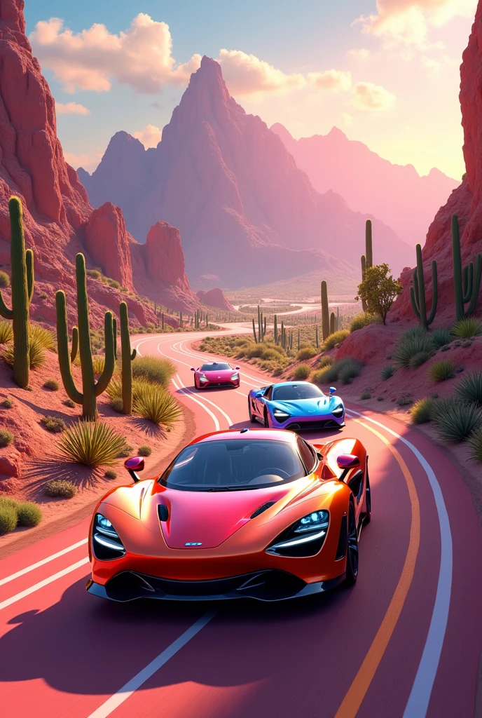Create a racing track with fancy cars in the Mexican desert, with mountains and cacti on the background. Everything is in golden pink tones. Add more landscape