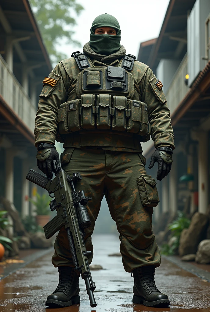 8k ultra realisitic, A white man. Heavy Infantry Army Soldier(ultra reslista). He wears a camouflage balaclava . Muscular and corpulent physique of 2,30 meters high(Realist 8K). He wears a Brazilian army uniform and wears a 6b43 full-body war vest.(Realist 8K). he uses a lot of heavy equipment on it(detailed relist 8k). he is in a barracks. He holds a MK3 machine gun(camouflaged). Ele se assemelha a um juggetnaut. Ballistic protection on the shoulder(ultra realisitic)(camouflaged). ballistic groin protection(ultra realisitic)(camouflaged). Ballistic protection on the neck(ultra realisitic)(camouflaged).