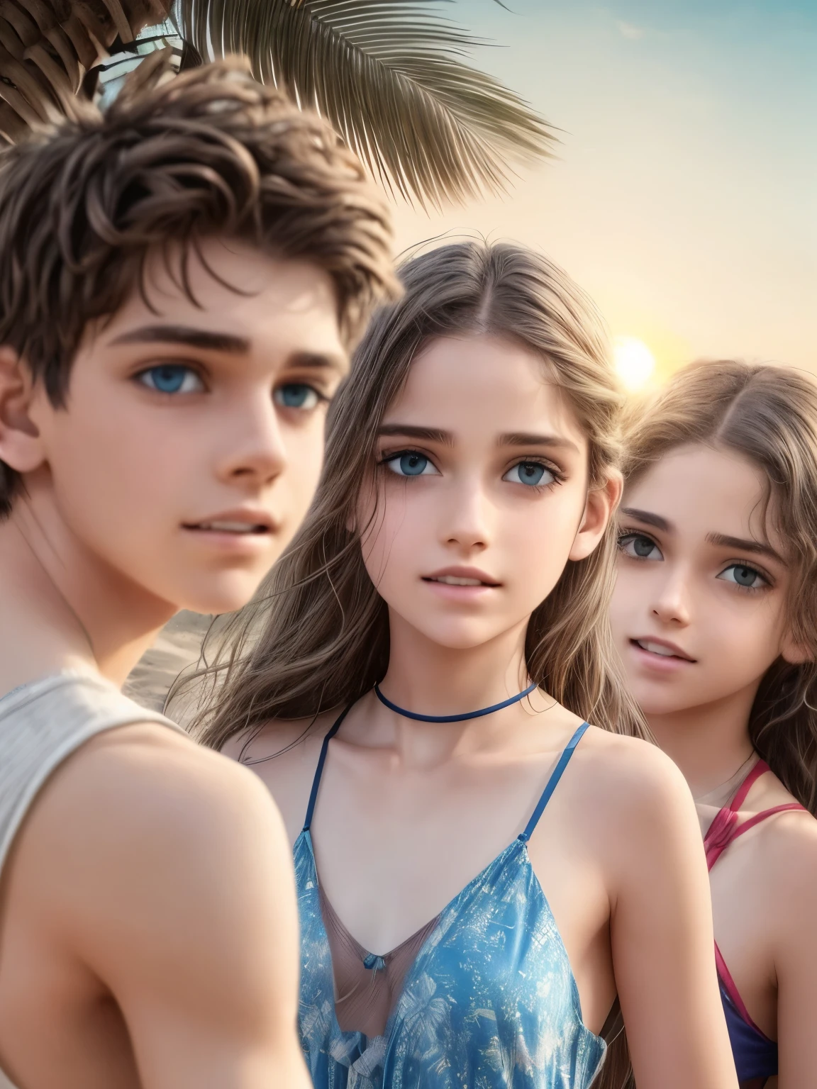 a group of boys and girls near the beach on a summer night, beautiful detailed eyes, beautiful detailed lips, extremely detailed eyes and face, long eyelashes, teenage, candid, natural outdoor lighting, sunset sky, crashing waves, sand, palm trees, vibrant colors, cinematic, dramatic, 8k, high resolution, photorealistic, hyper detailed, stunning, masterpiece