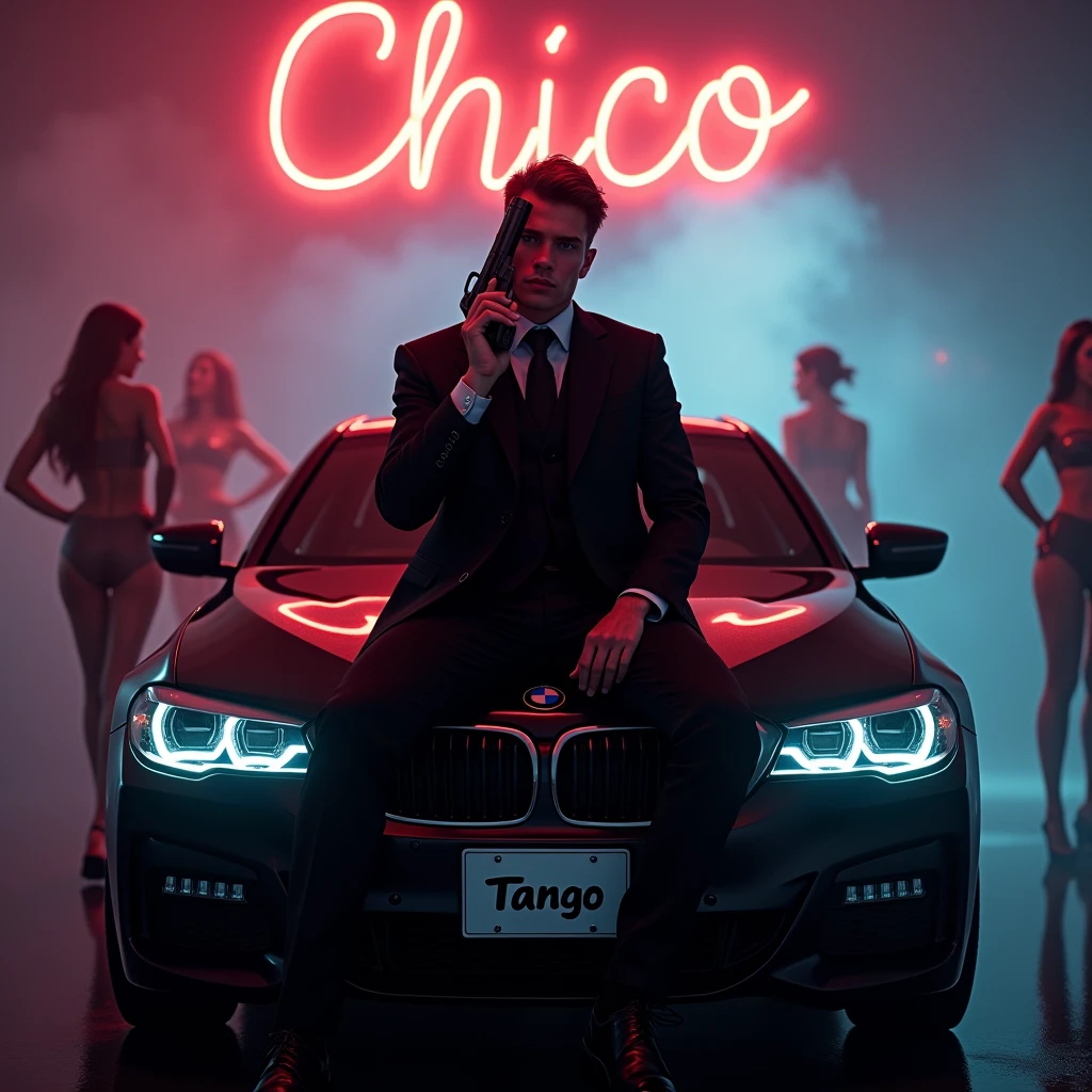 Create a realistic image where a 20 years old boy wearing black luxury suit and sitting on BMW car with number plate of tango, he's holding a gun in his hand, there is smoke in background and girls are dancing. In background the name "Chico" is showing in bold and neon effects just above the head of the character as per his name. He's smoking with his another hand and having gun in one hand