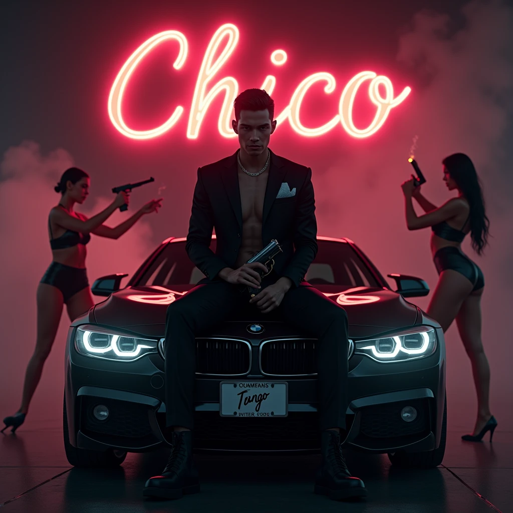 Create a realistic image where a 20 years old boy wearing black luxury suit and sitting on BMW car with number plate of tango, he's holding a gun in his hand, there is smoke in background and girls are dancing. In background the name "Chico" is showing in bold and neon effects just above the head of the character as per his name. He's smoking with his another hand and having gun in one hand