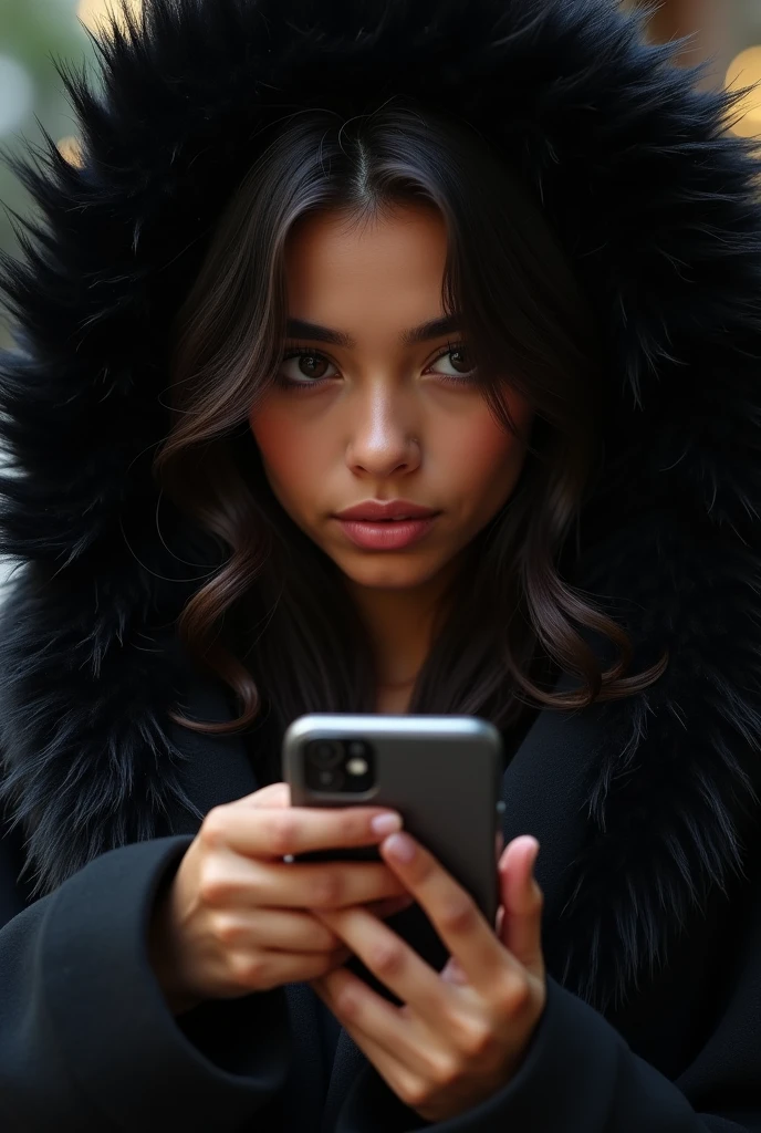 Create Latina Girl Photo, black fur, looking at his phone
