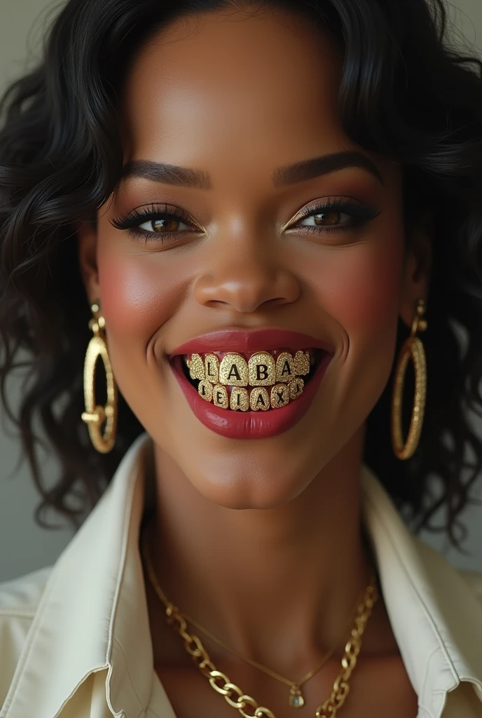 Use Rihanna&#39;s mouth reference and put grillz that says Lab Delaxx. Make the image realistic 