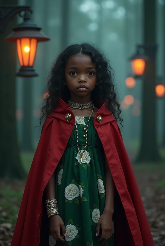 a girl, 1, brown skin, stunning heterochromia eyes (one red, one purple), a cute snub nose, plump lips, natural eyebrows, wearing a green dress with printed white roses, a red cape that hangs from her shoulder and flows down to her feet, a dragon-shaped silver-gold bracelet that wraps around her right hand and up to her neck, standing in the middle of an eerie dark forest with lanterns hanging from the trees, dark and eerie fantasy aesthetic, (best quality,4k,8k,highres,masterpiece:1.2),ultra-detailed,(realistic,photorealistic,photo-realistic:1.37),HDR,UHD,studio lighting,ultra-fine painting,sharp focus,physically-based rendering,extreme detail description,professional,vivid colors,bokeh,dark fantasy,cinematic lighting