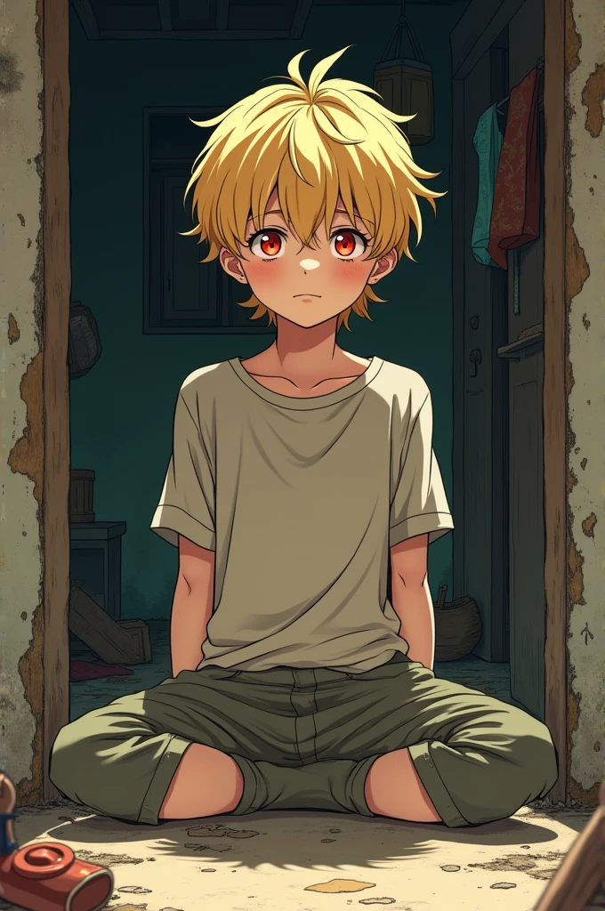 A boy with blond hair and red eyes in a poor house and street clothes anime version