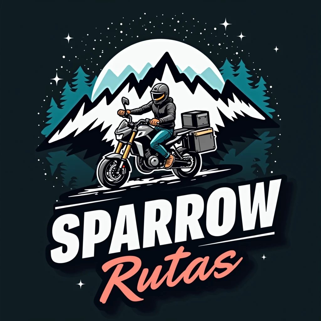 ((Honda NC750X 2016 model year:1.5)) , ((dynamic angle)), ((motorcycle with suitcases)), ((a motorcycle)), (((crear un Logo vectorizado with white border de una moto Honda modelo NC750X))), color dark background, Vectorized style, Logo vector art, Diseño de Logo, simple and clean illustration, Logo, Logo, a circular logo , with white border, dark background, With the name "SPARROW RUTAS" a estilo gammer , mountain and roblox