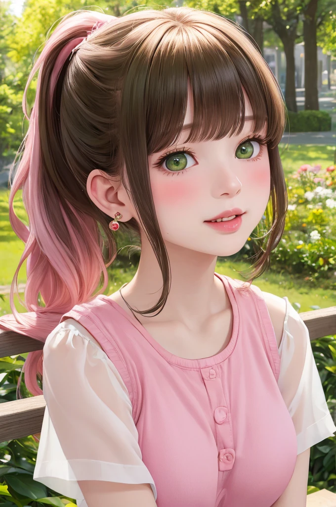 (masterpiece, Best Quality), 1 girl, Alone, face, Chapped lips, looking at the viewer, light blush, light smile, during, ear piercing, long eyelashes, by rubio, long wavy hair, High ponytail, asymmetrical bangs, green eyes, parts, Pale skin, outdoor, park, sunlight, pink vest, neckline, large and perky breasts, sexually suggestive