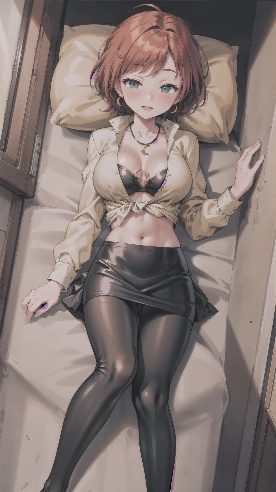 ((super high quality,))((Ultra-high resolution,))(16K,)(super masterpiece,)((Ultra HD ,))(Detailed shading,)Full body photo,One sexy woman,Brown short hair bouncing out,popped Tight collar Yellow shirts,Unbutton your shirt down to your chest,Long sleeve,Cleavage,Black tight skirt,Crescent-shaped earrings,Crescent Necklace,Ecstatic smile,blush,Sweaty,Lying in bed,Place one hand between your legs,