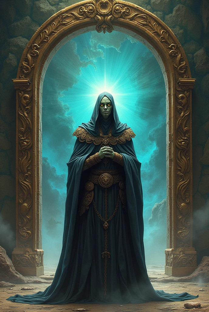 masterpiece, best quality, high quality, 1boy, digital painting, Gatekeeper of prompts, Gatekeeper, Key, Portal, Fantasy, Fine Art, Digital Art, Magical, Mystical, Ethereal, Unique Style, Highly Textured, Intricate Details, Vibrant Colors, ((by J.R.R. Tolkien, by Salvador Dali, by Brian Froud)), absurdres, Dynamic Pose, Vigilant Stance, Gate, Fantasy Art, Magic, Protector, Surreal, Symbolic, (evil grin, grin), yellow eyes