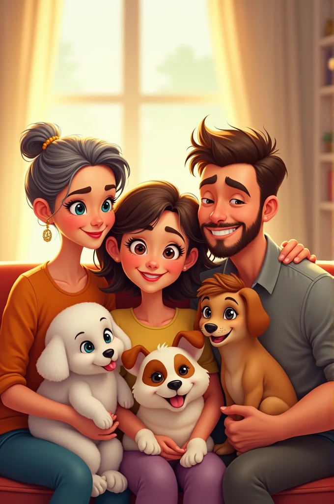 Pixar Disney type A cartoon of a family formed by the mother, A lady of about 60 years old, short black hair, shoulder length, parted in the middle, tender eyes, small nose y hermosa sonrisa, with a chubby body. With his son, a strong, athletic 2 boy, sportsman, con tender eyes, small nose y sonrisa, with short beard. His daughter is a plump 3 woman, Brown hair with a middle part, with a bun, big glasses, tender look, beautiful smile, small nose. The three of them form a beautiful family, They have three dogs, a white poodle puppy with beige ears, A cheerful white Jack Russell with a brown patch over his right eye, and one big fat size, Serious but with a good dog look.
