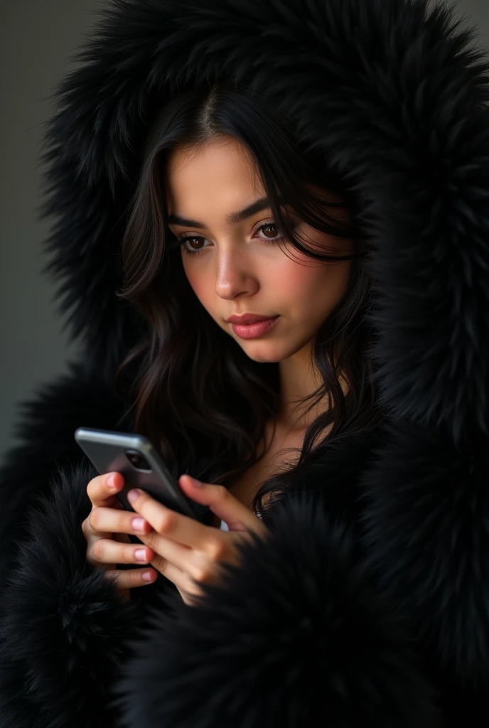 Create Latina Girl Photo, black fur, looking at his phone