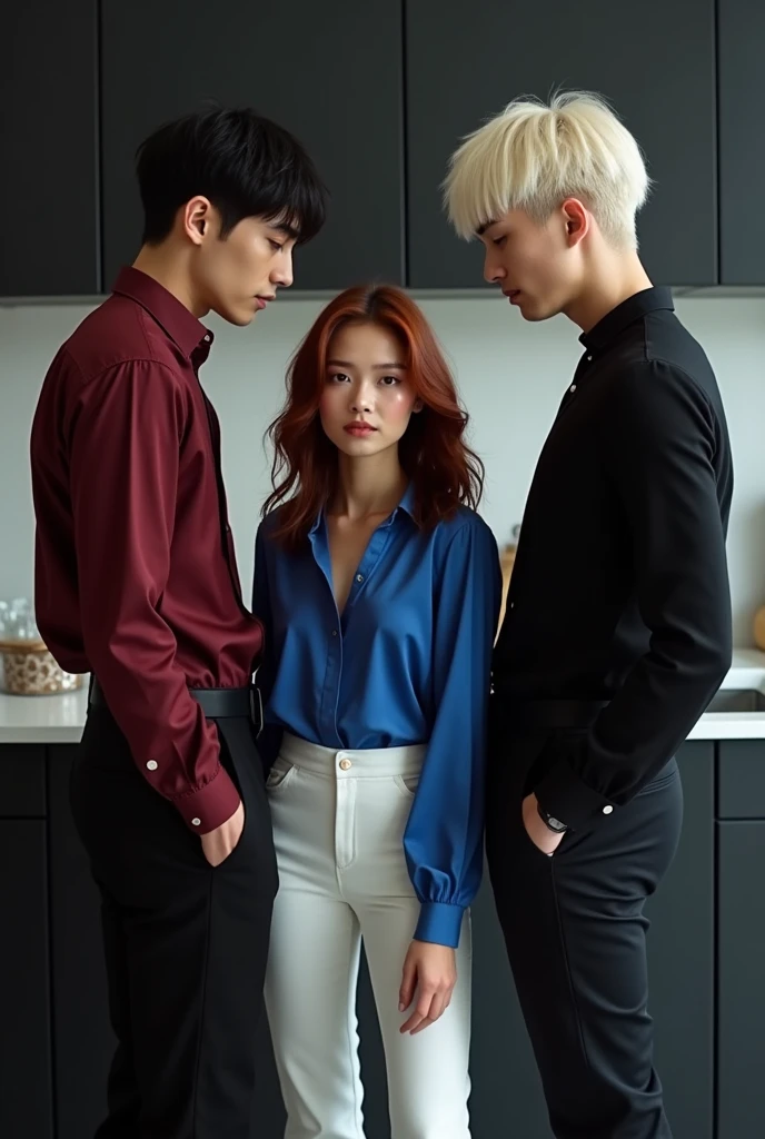 Two male models stand to the sides of a petite small female model with medium-long vibrant maroon wavy hair, pale skin, wearing a blue silk blouse and white pants. One male is 190 cm tall, 2, with short black bowl cut wavy hair, side swept bangs, wearing a dark red dress shirt and black pants, with Chinese-Korean features. She is as tall as his earlobe. The other male is 181 cm tall, 2 that she is as tall as his eye line he has short platinum blond hair, side swept bangs, light skin, wearing a gothic punk outfit, with German-Icelandic features. She is as tall as his eyeline. The three of them are talking inside a modern black kitchen with some French inspiration. Cinematic shot.