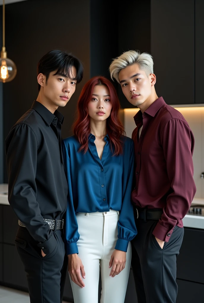 Two male models stand to the sides of a petite small female model with medium-long vibrant maroon wavy hair, pale skin, wearing a blue silk blouse and white pants. One male is 190 cm tall, 2, with short black bowl cut wavy hair, side swept bangs, wearing a dark red dress shirt and black pants, with Chinese-Korean features. She is as tall as his earlobe. The other male is 181 cm tall, 2 that she is as tall as his eye line he has short platinum blond hair, side swept bangs, light skin, wearing a gothic punk outfit, with German-Icelandic features. She is as tall as his eyeline. The three of them are talking inside a modern black kitchen with some French inspiration. Cinematic shot.
