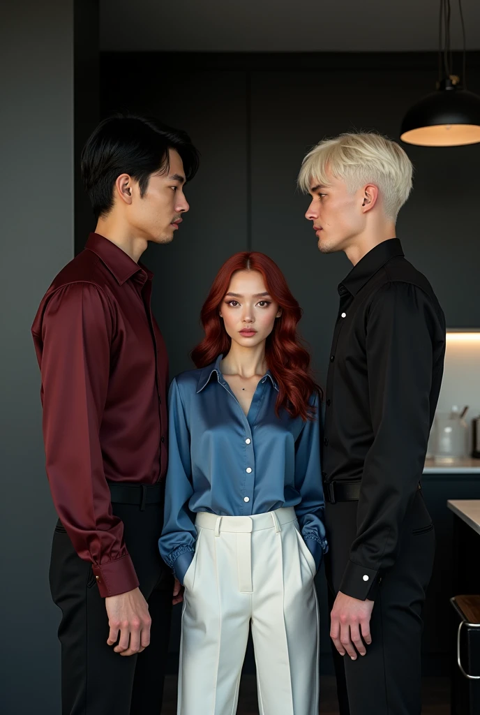 Two male models stand to the sides of a petite small female model with medium-long vibrant maroon wavy hair, pale skin, wearing a blue silk blouse and white pants. One male is 190 cm tall, 2, with short black bowl cut wavy hair, side swept bangs, wearing a dark red dress shirt and black pants, with Chinese-Korean features. She is as tall as his earlobe. The other male is 181 cm tall, 2 that she is as tall as his eye line he has short platinum blond hair, side swept bangs, light skin, wearing a gothic punk outfit, with German-Icelandic features. She is as tall as his eyeline. The three of them are talking inside a modern black kitchen with some French inspiration. Cinematic shot.