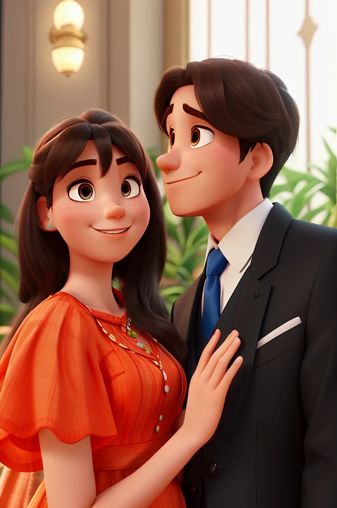 High quality Disney Pixar style 3D image of a beautiful young couple, he wears a suit and she wears a long dress. from beside, There are 2 more friends wearing well-behaved long dresses, They have long hair. There&#39;s another guy also in a suit, holding a saxophone in his hands