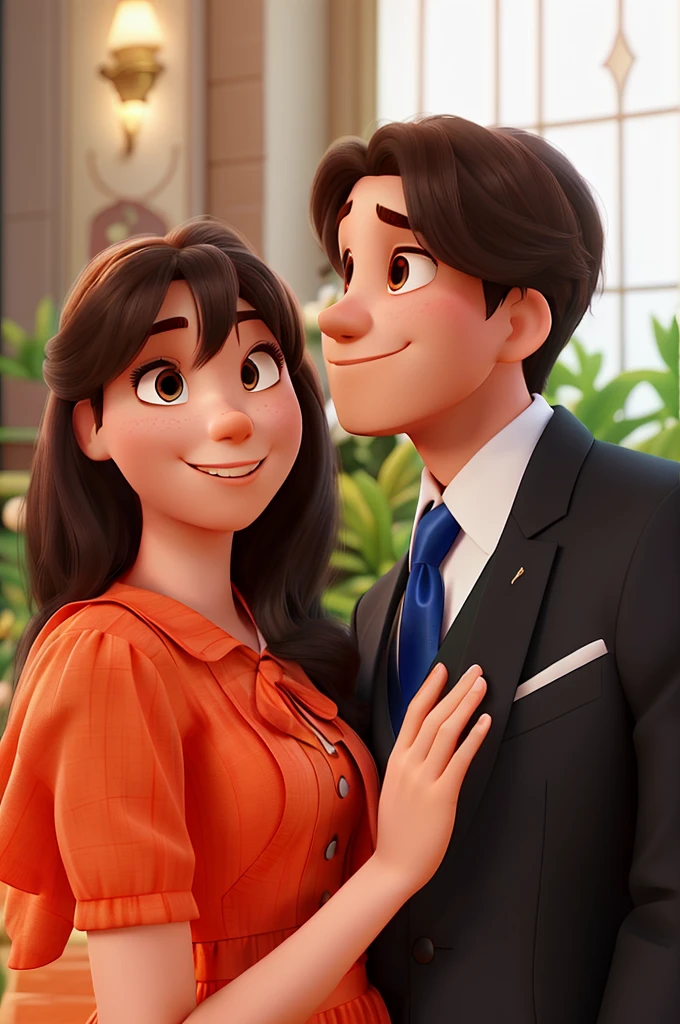 High quality Disney Pixar style 3D image of a beautiful young couple, he wears a suit and she wears a long dress. from beside, There are 2 more friends wearing well-behaved long dresses, They have long hair. There&#39;s another guy also in a suit, holding a saxophone in his hands