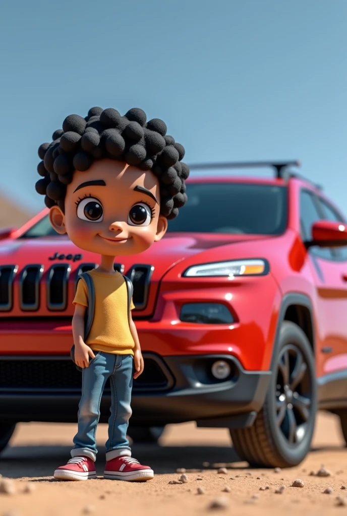 Young white-skinned boy with curly black hair next to a red 2016 Jeep Cherokee, funko pop version