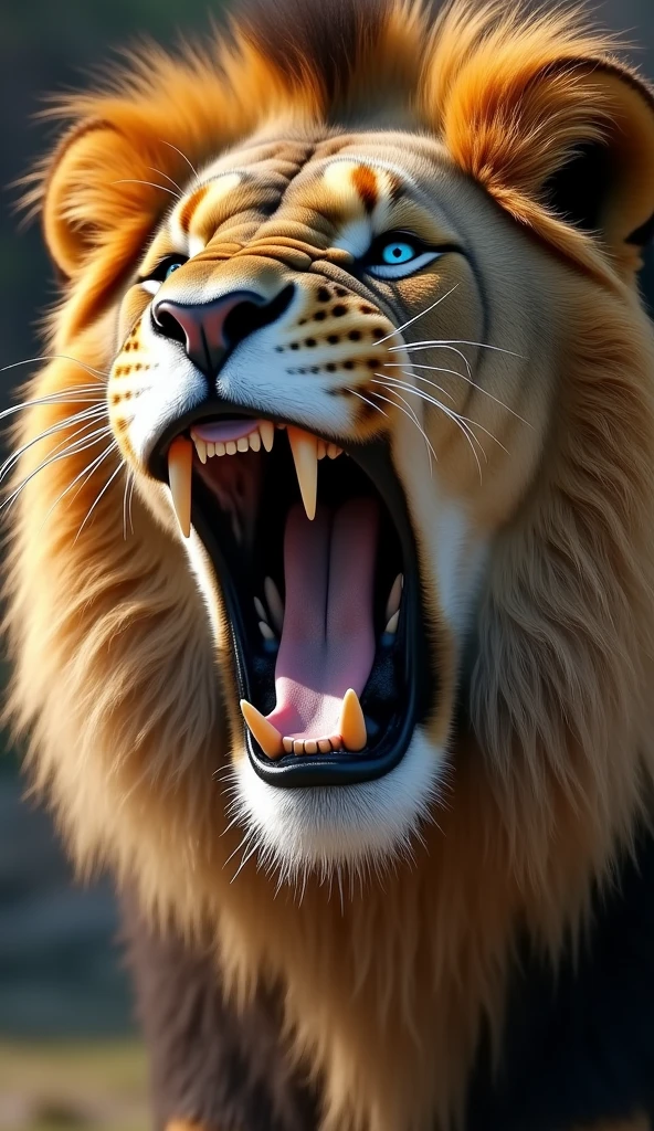 Generate ultra realistic 8k video of a big and strong blue-eyed lion face roaring