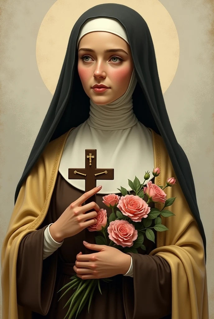 Generates an image of Saint Therese, dressed in a brown habit, black veil, a light yellow cloak over the habit, a religious nun, holding a bouquet of roses and a crucifix. she is portrayed with a contemplative expression, reflecting his deep spirituality and communion with God, she has on average 24