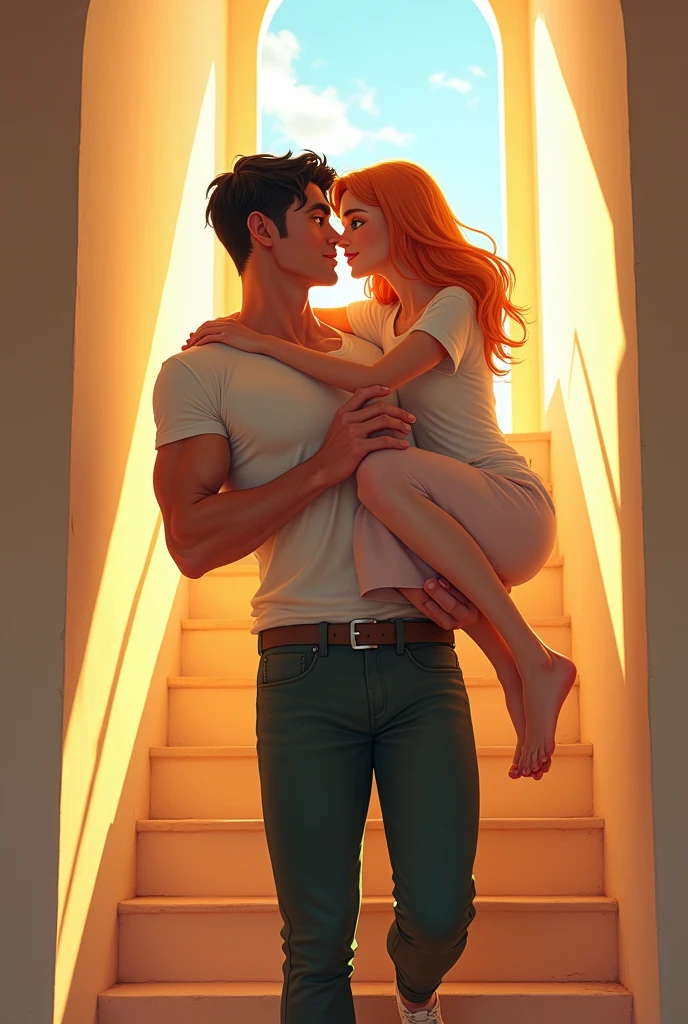 Extremely handsome man with defined body, green eyes, tanned skin, short wavy black hair, he is wearing formal pants with a belt in a bright environment, he is going up the stairs with his beloved partner on his lap, a beautiful woman with strawberry blonde hair and wearing a long t-shirt. 
