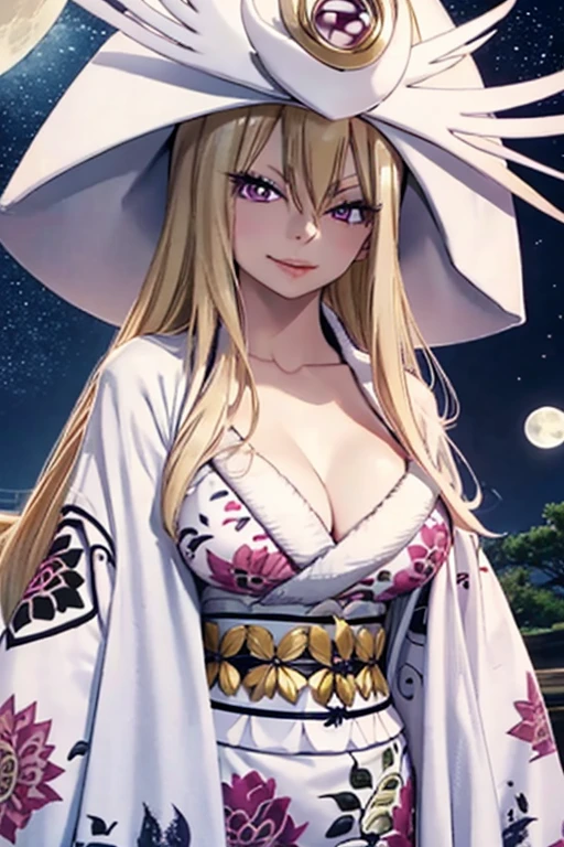 ftselenekim, pink eyes, mature female, blonde hair, hat, clothes, ftselenecas, pink eyes, blonde hair, maturefemale,cleavage, kimono, japanese clothes, moon, white clothes , big chest, smile, perfect waist, large breasts, kimono