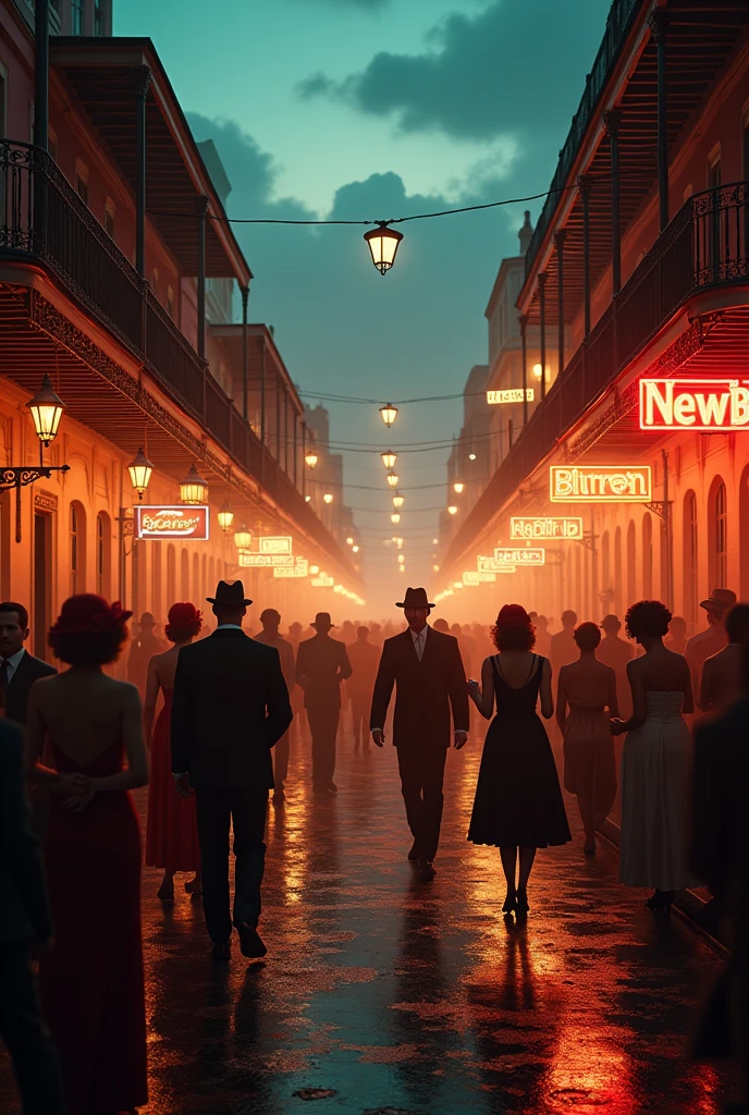 New Orleans at night on Bourbon Street in 1920's America 