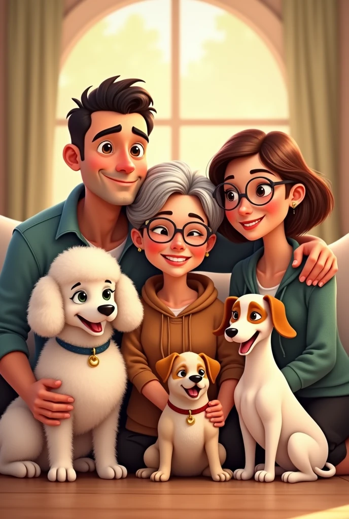 Pixar Disney type A cartoon of a family formed by the mother, A lady of about 60 years old, short black hair, shoulder length, parted in the middle, tender eyes, small nose y hermosa sonrisa, with a chubby body. With his son, a strong, athletic 2 boy, sportsman, con tender eyes, small nose y sonrisa, with short beard. His daughter is a plump 3 woman, Brown hair with a middle part, with a bun, big glasses, tender look, beautiful smile, small nose. The three of them form a beautiful family, They have three dogs, a white poodle puppy with beige ears, A cheerful white Jack Russell with a brown patch over his right eye, and one big fat size, Serious but with a good dog look.