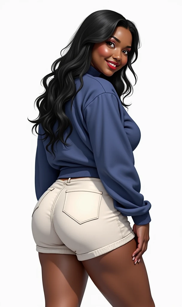 (masterpiece, best quality)), ((((perfect ???????)))), Heavyset black woman with long black hair, dark eyeshadow, dark red lipstick, blue sweater, (((big white cotton panties))), big booty, smiling, (((realistic art style)))