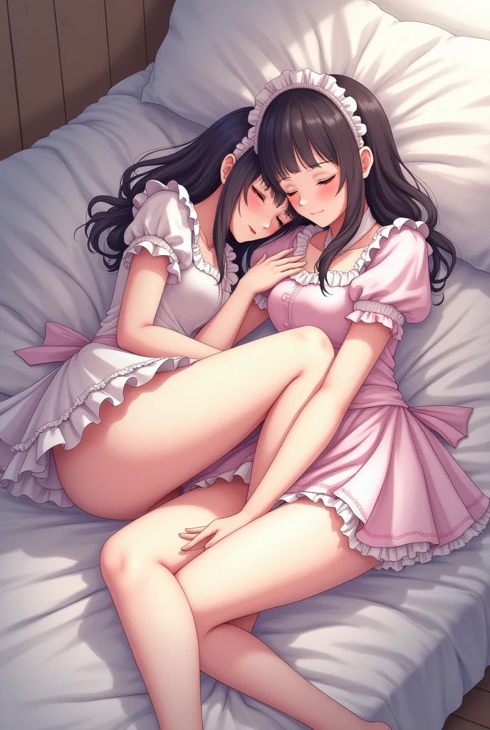 A cute anime femboy sleeping on another femboy lap both wearing femboy maid dresses and tights and touching his cute thighs