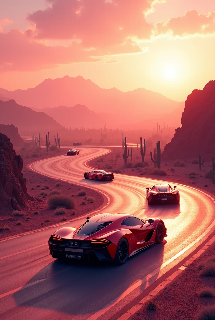 Create a racing track with fancy cars in the Mexican desert, with mountains and cacti on the background. Everything is in golden pink tones. Add more landscape, put cars a little bit far