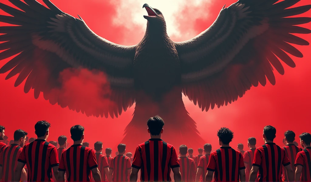 Flamengo fans wearing shirts with horizontal red and black stripes in front of a giant vulture with black and red smoke on match day