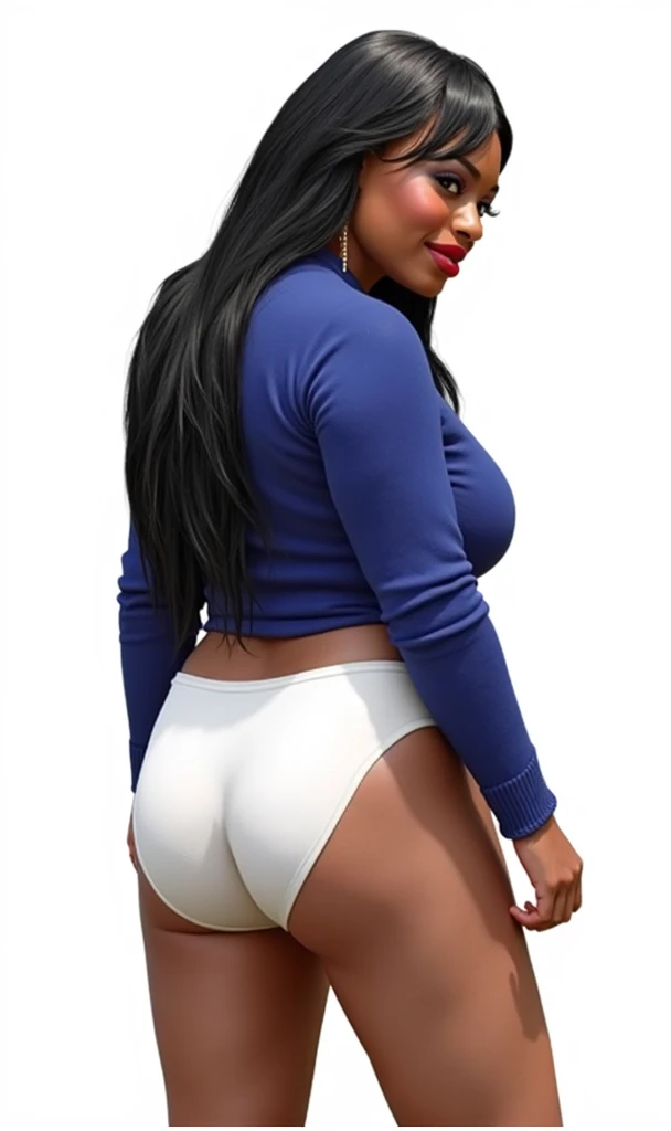 (masterpiece, best quality)), ((((perfect anatomy)))), Heavyset black woman with long black hair, dark eyeshadow, dark red lipstick, blue sweater, (((big white cotton panties))), big booty, smiling, (((realistic art style)))