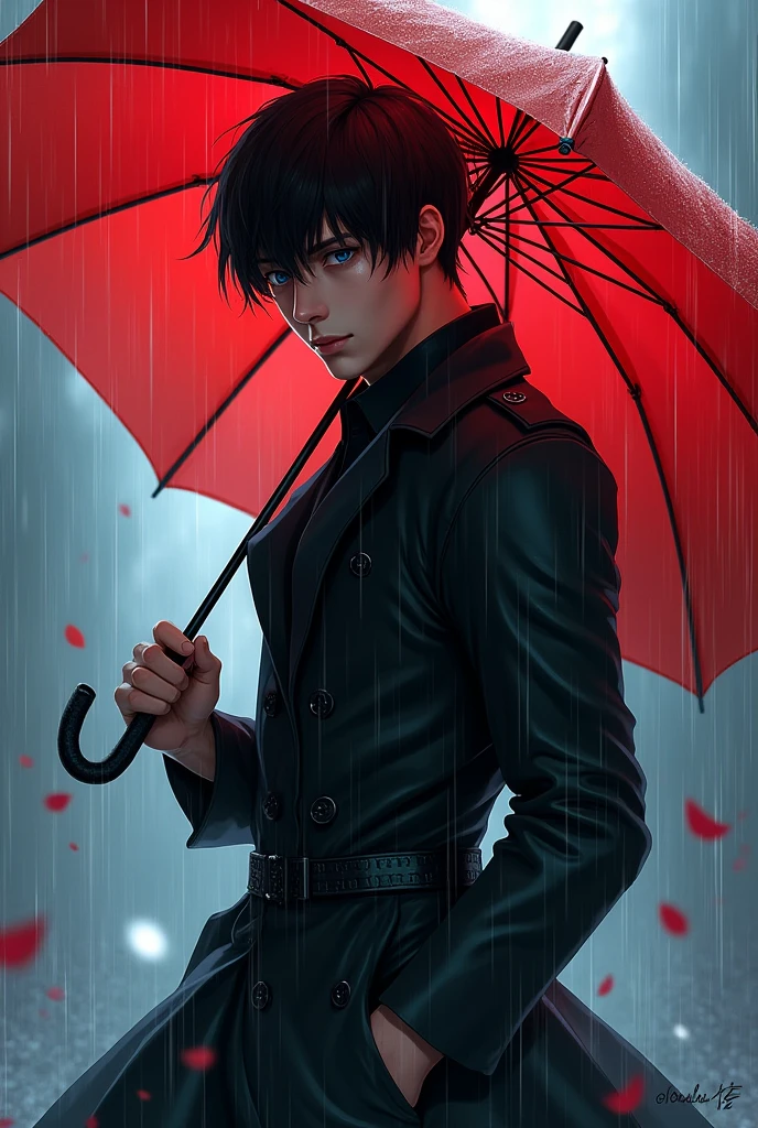 young, muscular man, black hair bright blue eyes, with black trench coat, red umbrella and pulling out a dagger in the rain
