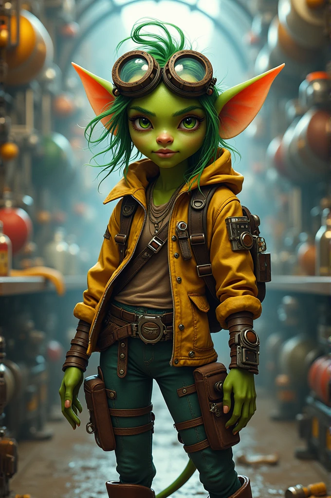 Fantasy goblin teenager rebel girl artificer with googles on head