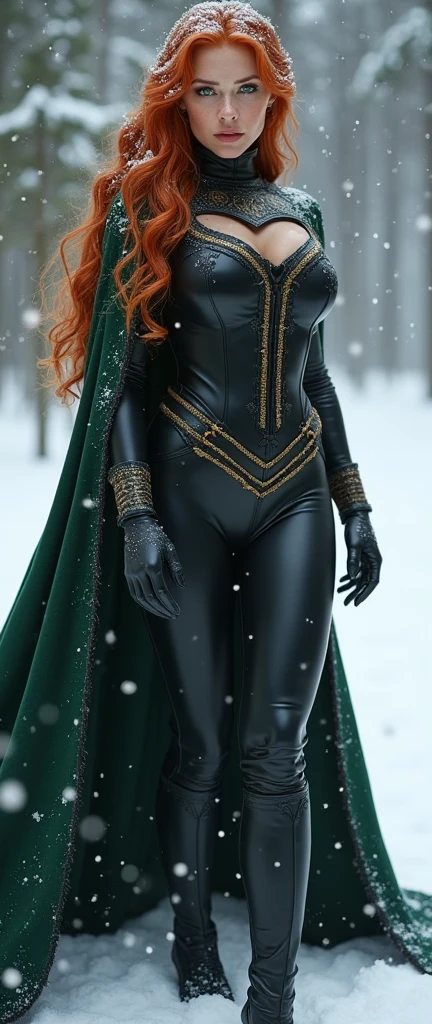 Young Triss merigold is wearing black latex wizard suit with a dark green cape and with golden details her ginger hair is covered in snow she has big and ass her suit is covered in snow she has freckles and green eyes she is wearing a tught dark corset