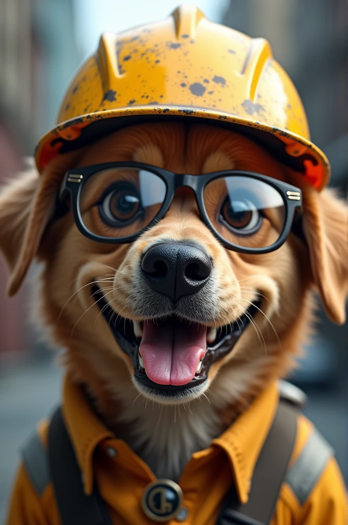 Phila dog with helmet and worker glasses
