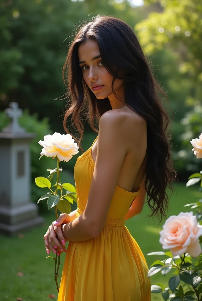 gorgeous woman with honey colored skin. Sunny weather. The woman is looking away. She seems sad and lonely. American woman. Yellow dress. Standing in a garden and holding a white rose in her left hand. Colored nails in soft pink. Dark lips and soft eyeliner. Gravestone. Crying.