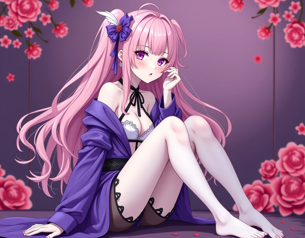 <lora:Ironmouse:0.8> ironmouse, purple eyes, pink hair, purple hair, streaked hair, two side up, horns, light smile, full-face blush, feet out of frame, <lora:negligee_v0.1:1> negligee,, absurdres, ultra detailed, masterpiece, best quality, aesthetic, detailed,