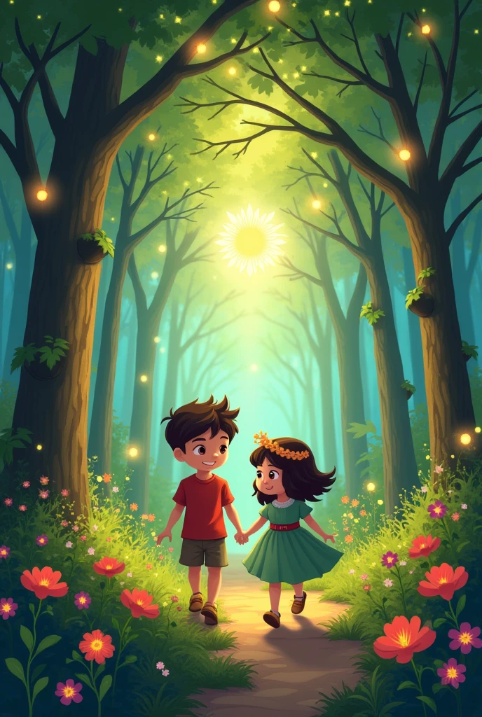 In a magical forest, a kind-hearted boy named Ben and a curious girl named Lily embarked on an adventure. They had heard tales of a glowing flower hidden deep within the woods, said to grant one wish.