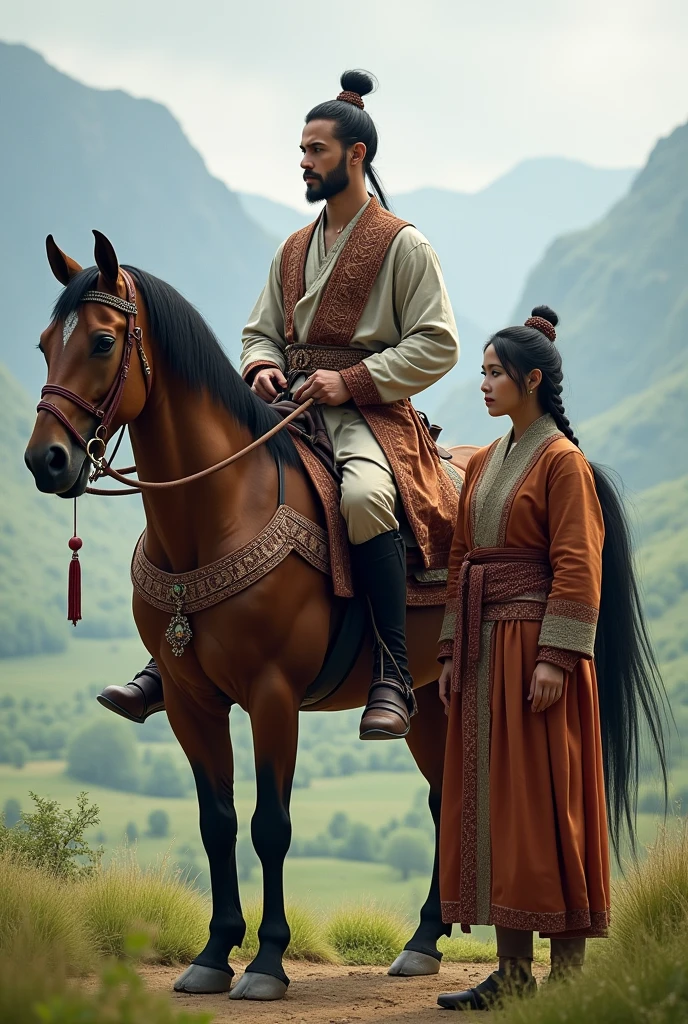 ঘোড়ায় চড়ে রয়েছেন আরেক ব্যক্তি দাঁড়িয়ে রয়েছে