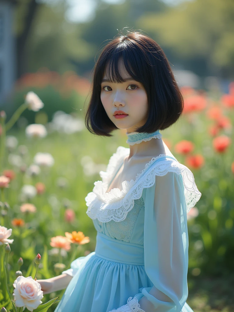 A photorealistic, ultra-high-resolution 8K image of a Japanese woman in sweet ta fashion. She has a black bob haircut, brown eyes, and is wearing a light blue outfit with abundant lace and frills. The image should feature realistic lighting, sharp focus, and cinematic quality, capturing the scene as if it were taken by a professional DSLR camera in a garden full of blooming flowers.