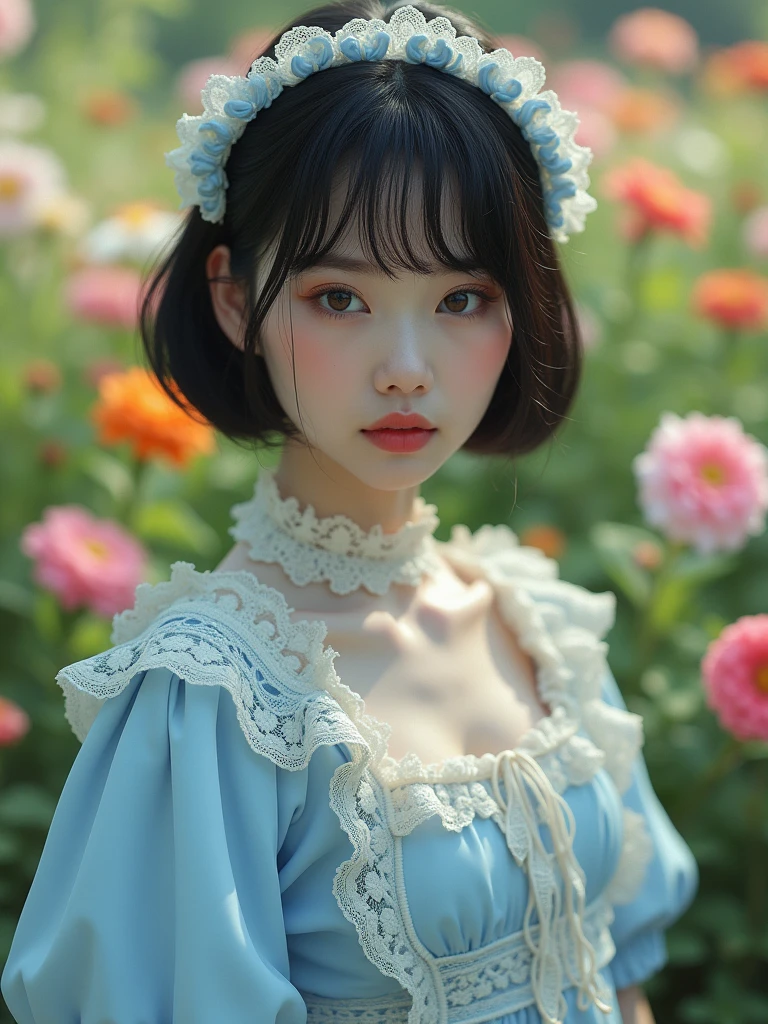 A photorealistic, ultra-high-resolution 8K image of a Japanese woman in sweet Lolita fashion. She has a black bob haircut, brown eyes, and is wearing a light blue outfit with abundant lace and frills. The image should feature realistic lighting, sharp focus, and cinematic quality, capturing the scene as if it were taken by a professional DSLR camera in a garden full of blooming flowers.