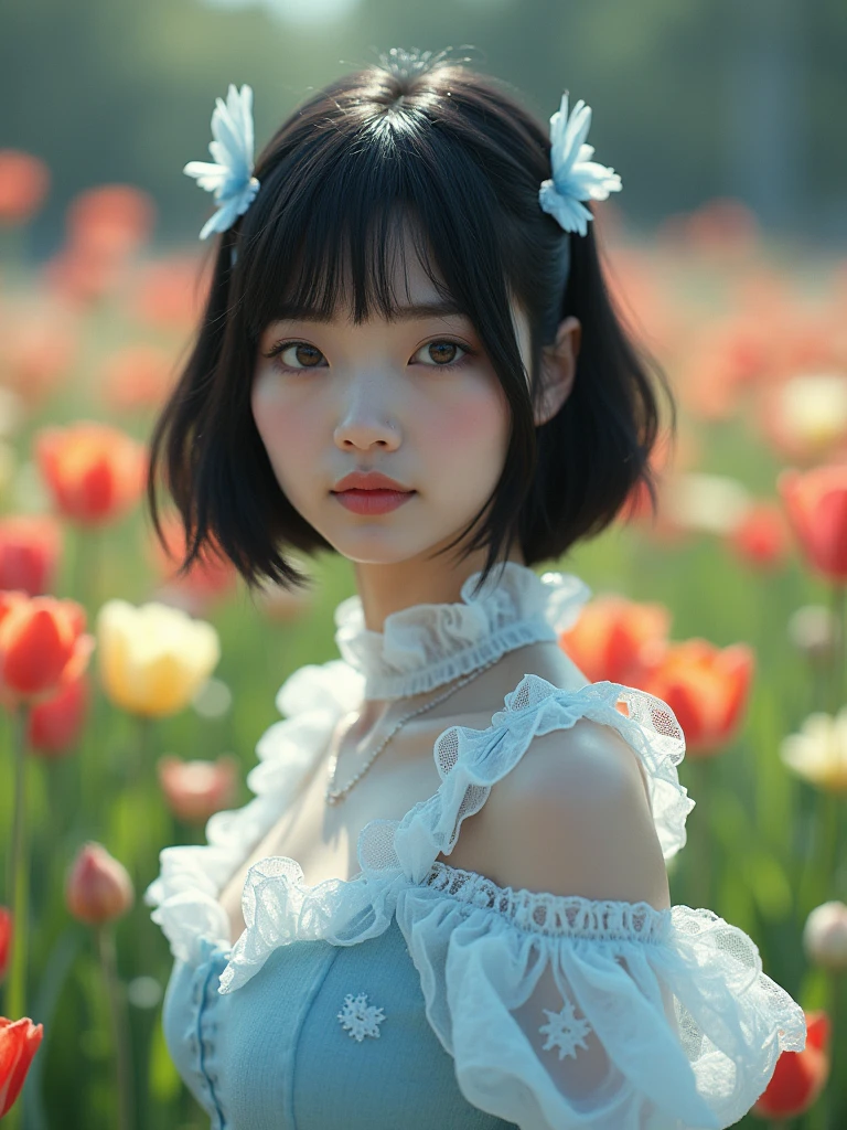 A photorealistic, ultra-high-resolution 8K image of a Japanese woman in sweet Lolita fashion. She has a black bob haircut, brown eyes, and is wearing a light blue outfit with abundant lace and frills. The image should feature realistic lighting, sharp focus, and cinematic quality, capturing the scene as if it were taken by a professional DSLR camera in a garden full of blooming flowers.