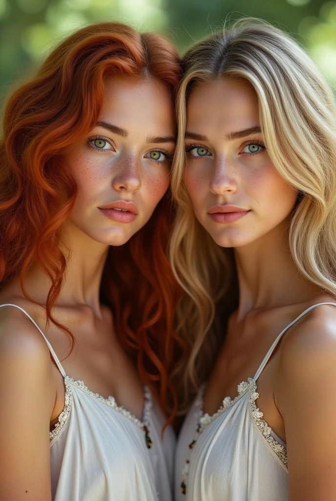 "A high-definition image of a redheaded girl standing next to a blonde girl, both with large, detailed breasts. The scene is well-lit, with realistic skin textures and hair details. The image should be sharp, with vibrant colors, capturing the natural beauty of both girls with an artistic and tasteful approach."