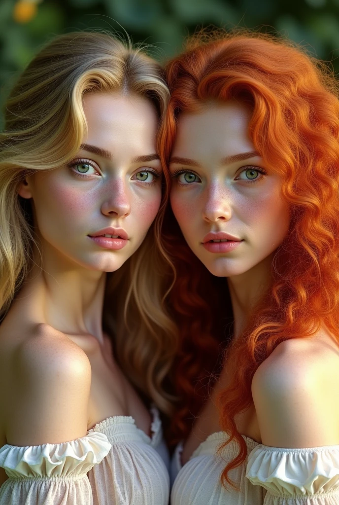 "A high-definition image of a redheaded girl standing next to a blonde girl, both with large, detailed breasts. The scene is well-lit, with realistic skin textures and hair details. The image should be sharp, with vibrant colors, capturing the natural beauty of both girls with an artistic and tasteful approach."